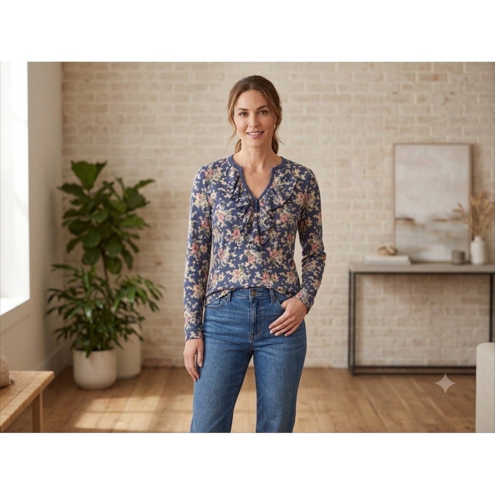 Lauren Ralph Lauren Jeans Co‎ Womens M Ruffle Neck Floral Cotton Long Sleeve Top